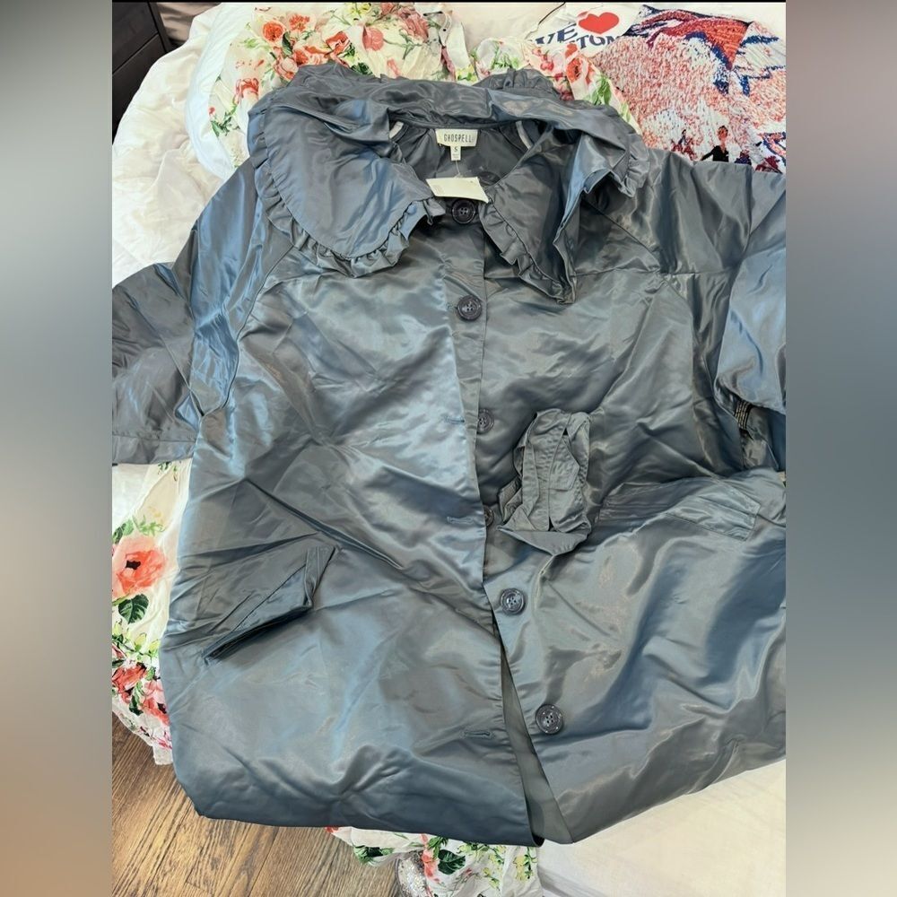 NWT GOSPELL Oversized Longline Coat Blue Satin Finish Chic Minimalist Luxury - Picture 6 of 7